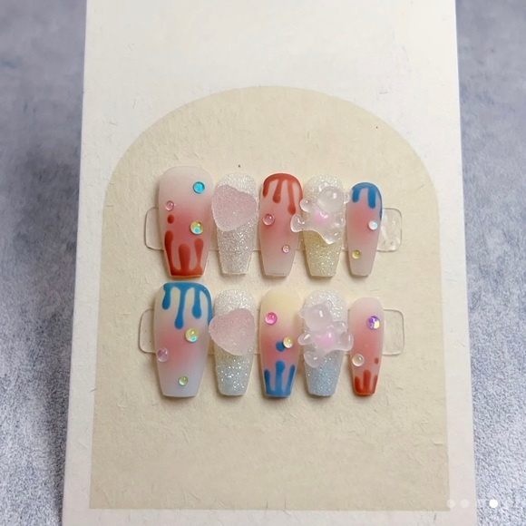 Handmade press-on matte nails w/color drops & candy charms(Free glue included!) - Picture 2 of 8
